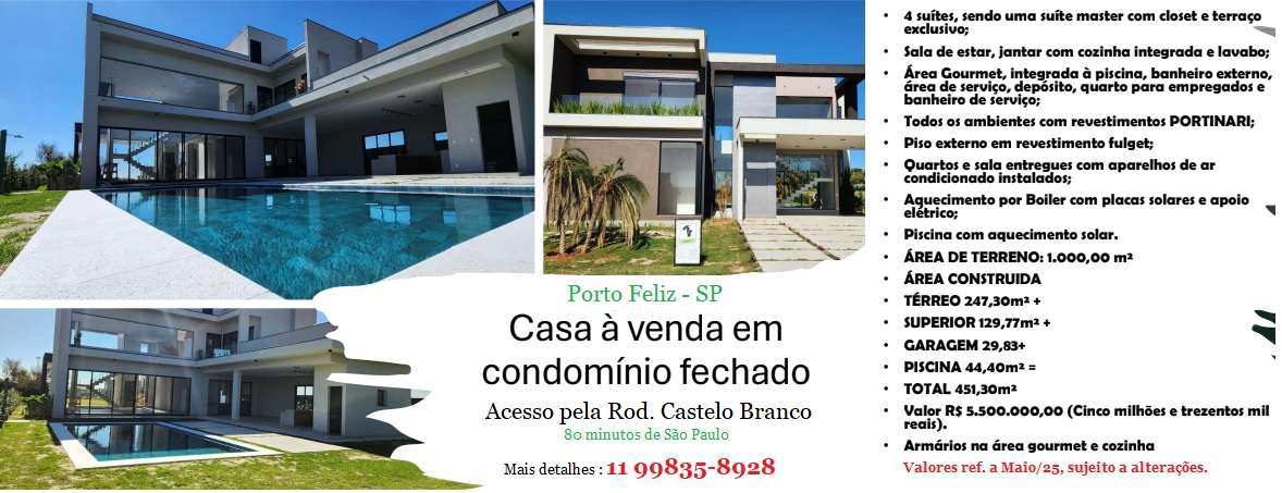 Imagem Casa de Condomínio com 4 Quartos à Venda, 451 m² em Centro - Porto Feliz Imagem Casa de Condomínio com 4 Quartos à Venda, 451 m² em Centro - Porto Feliz