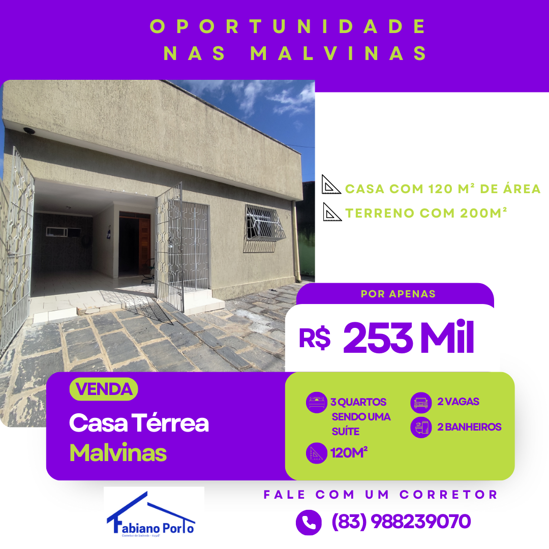 Imagem Casa com 3 Quartos à Venda, 120 m²em Malvinas - Campina Grande