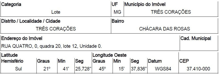 Terreno à Venda, 480 m² em Chacara Das Rosas - Tres Coracoes