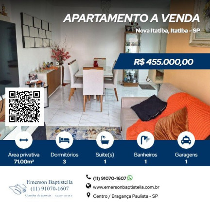 Apartamento com 3 Quartos à Venda, 71 m² em Nova Itatiba - Itatiba