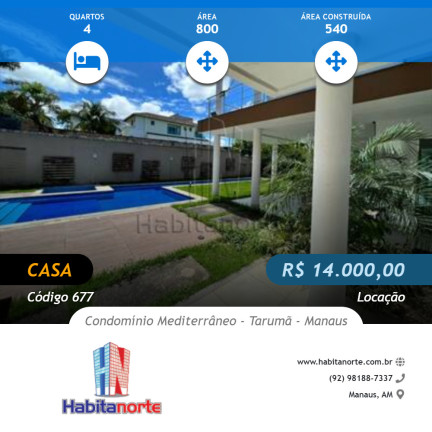 Casa com 4 Quartos para Alugar, 800 m² em Tarumã - Manaus