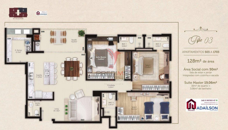 Imagem Apartamento com 3 Quartos à Venda, 128 m² em Kobrasol - São José Imagem Apartamento com 3 Quartos à Venda, 128 m² em Kobrasol - São José