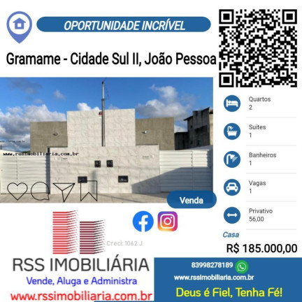 Casa com 2 Quartos à Venda, 56 m² em Gramame - Cidade Sul Ii - João Pessoa