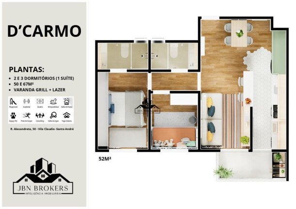 Imagem Apartamento com 2 Quartos à Venda, 52 m² em Jardim Santo Antônio - Santo André