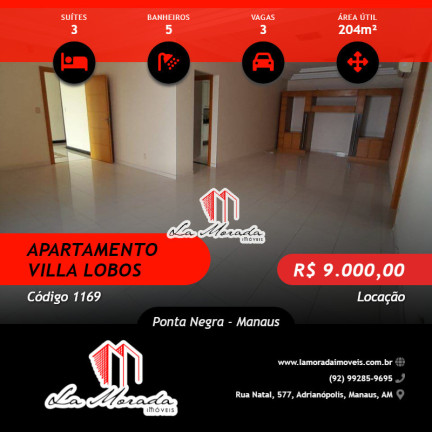 Apartamento com 3 Quartos para Alugar, 204 m² em Ponta Negra - Manaus