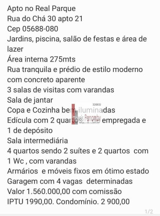 Imagem Apartamento com 4 Quartos à Venda, 275 m² em Real Parque - São Paulo Imagem Apartamento com 4 Quartos à Venda, 275 m² em Real Parque - São Paulo