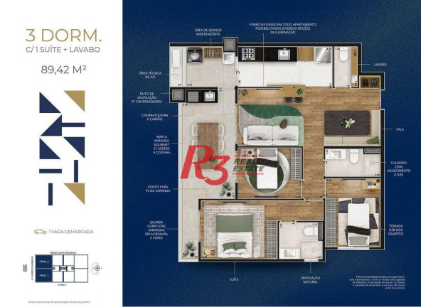 Apartamento com 3 Quartos à Venda, 89 m² em Marapé - Santos