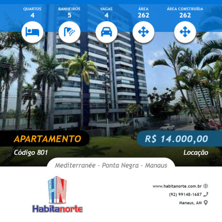 Imagem Apartamento com 4 Quartos para Alugar, 262 m² em Ponta Negra - Manaus Imagem Apartamento com 4 Quartos para Alugar, 262 m² em Ponta Negra - Manaus