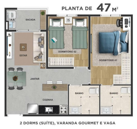 Imagem Apartamento com 2 Quartos à Venda, 47 m²